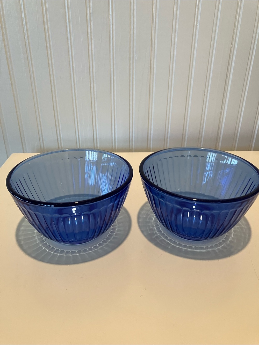 Pyrex Cobalt Blue Ribbed Glass Bowls, 3 cups, # 7401-S. Pair